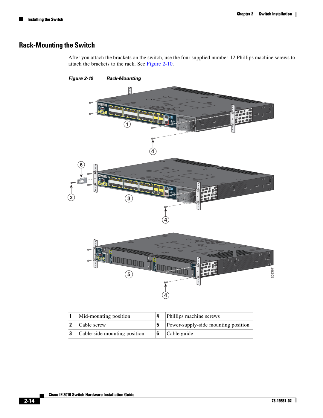 Cisco Systems IE301024TC manual Rack-Mounting the Switch, 2-14 