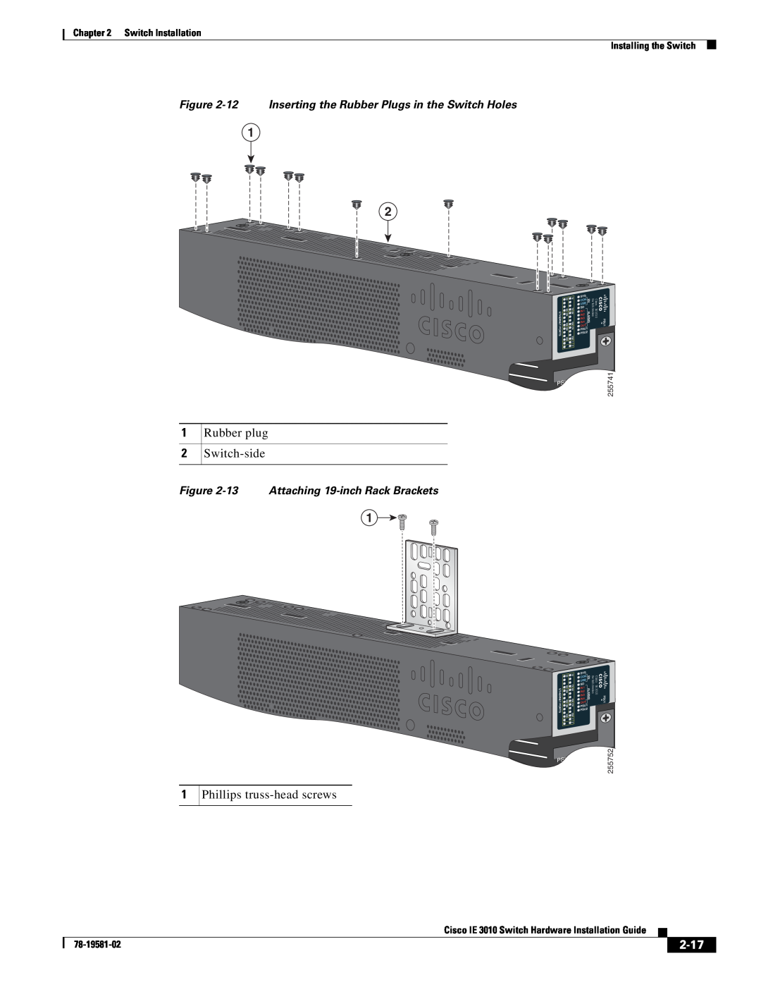Cisco Systems IE301024TC manual 2-17, 12 Inserting the Rubber Plugs in the Switch Holes, 13 Attaching 19-inch Rack Brackets 