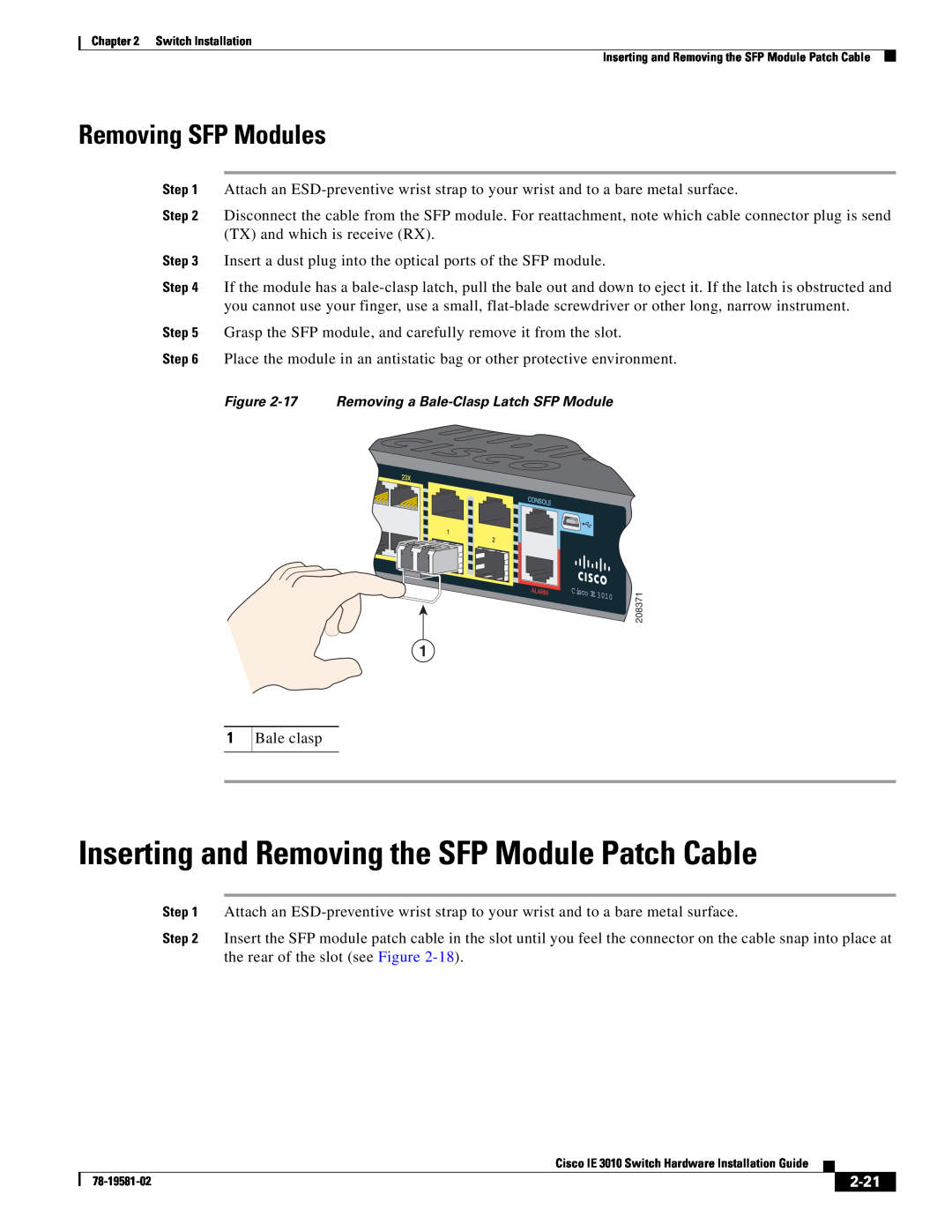 Cisco Systems IE301024TC manual Inserting and Removing the SFP Module Patch Cable, Removing SFP Modules, 2-21 