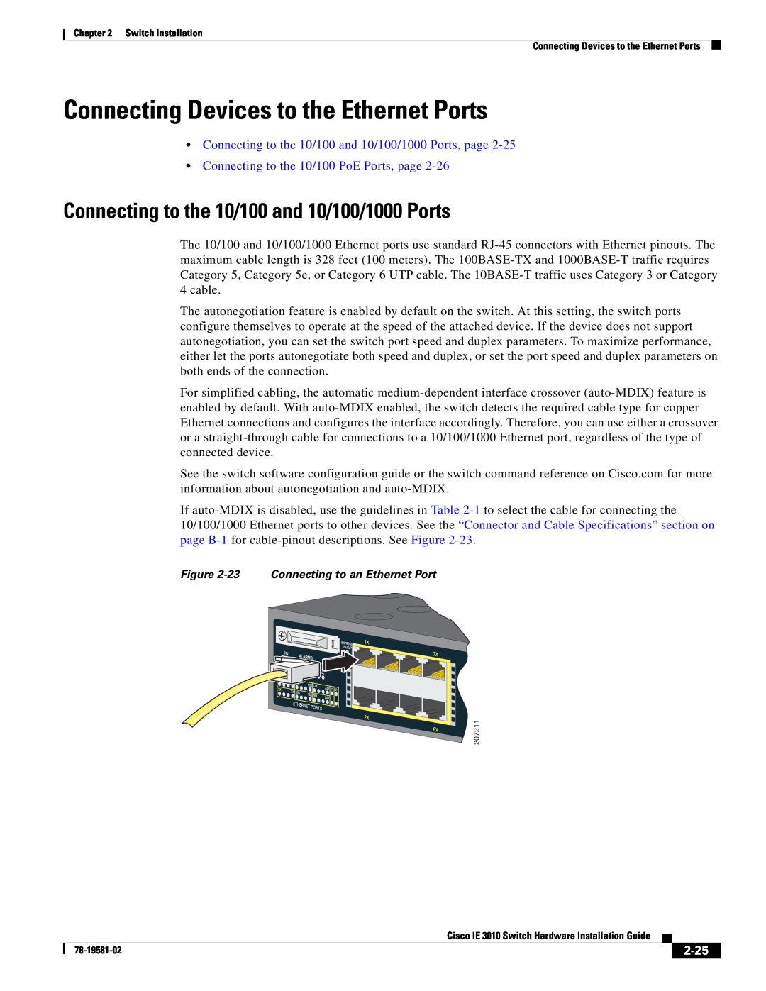 Cisco Systems IE3010 Connecting Devices to the Ethernet Ports, Connecting to the 10/100 and 10/100/1000 Ports, 2-25 