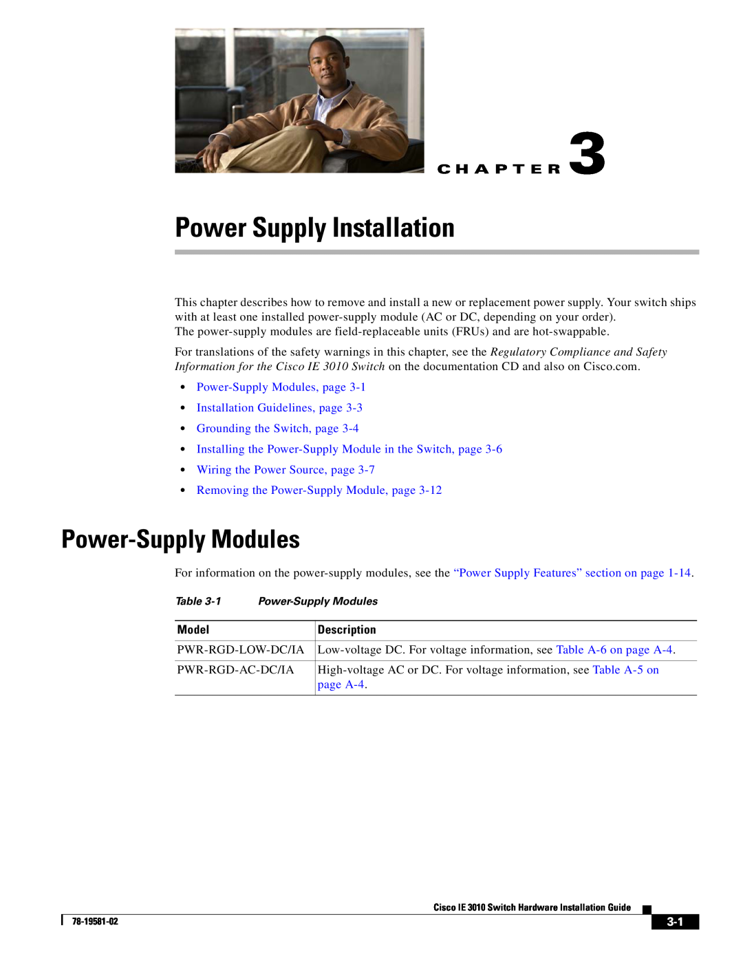 Cisco Systems IE301024TC Power Supply Installation, Power-Supply Modules, Grounding the Switch, page, Pwr-Rgd-Low-Dc/Ia 