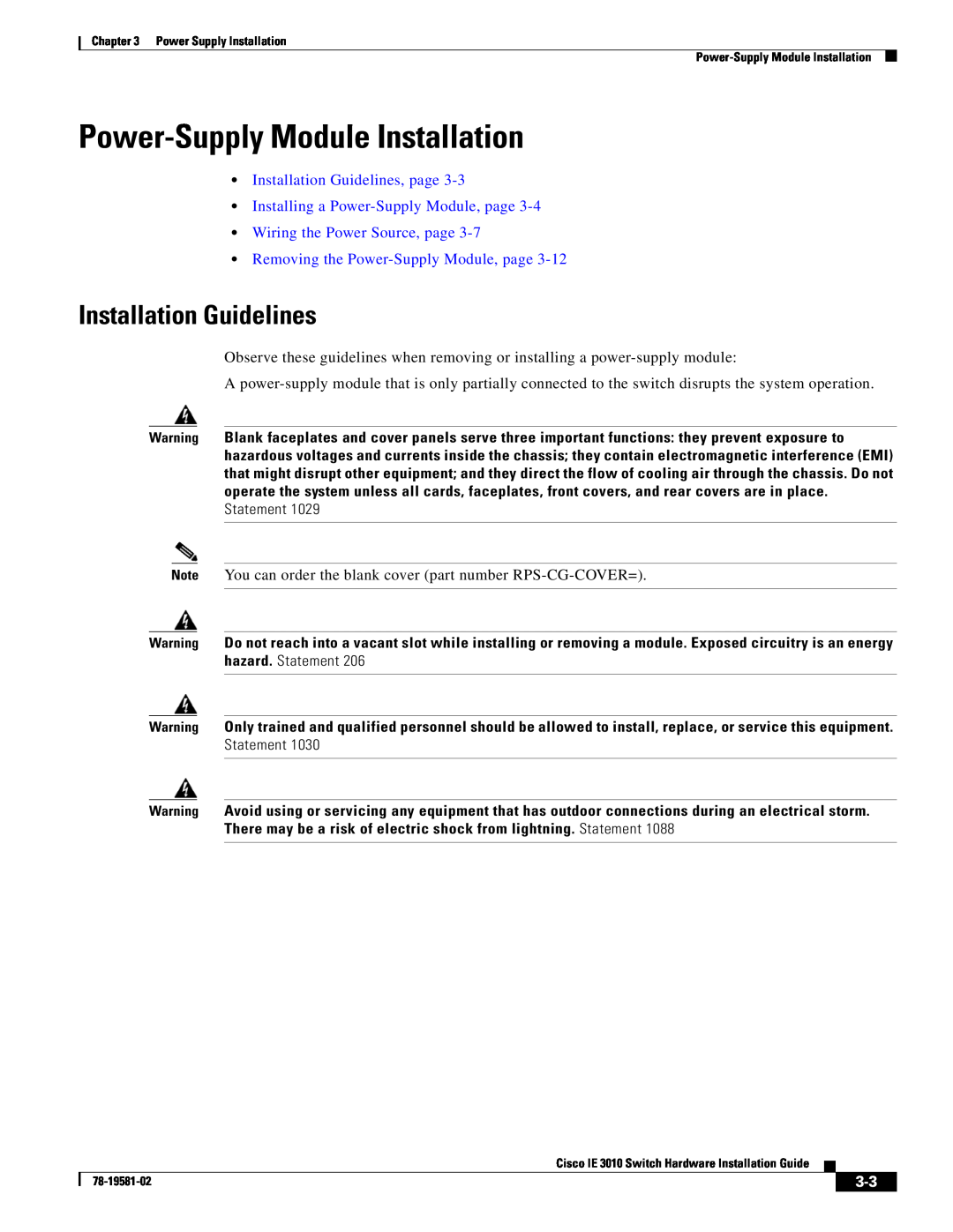 Cisco Systems IE301024TC manual Power-Supply Module Installation, Installation Guidelines 