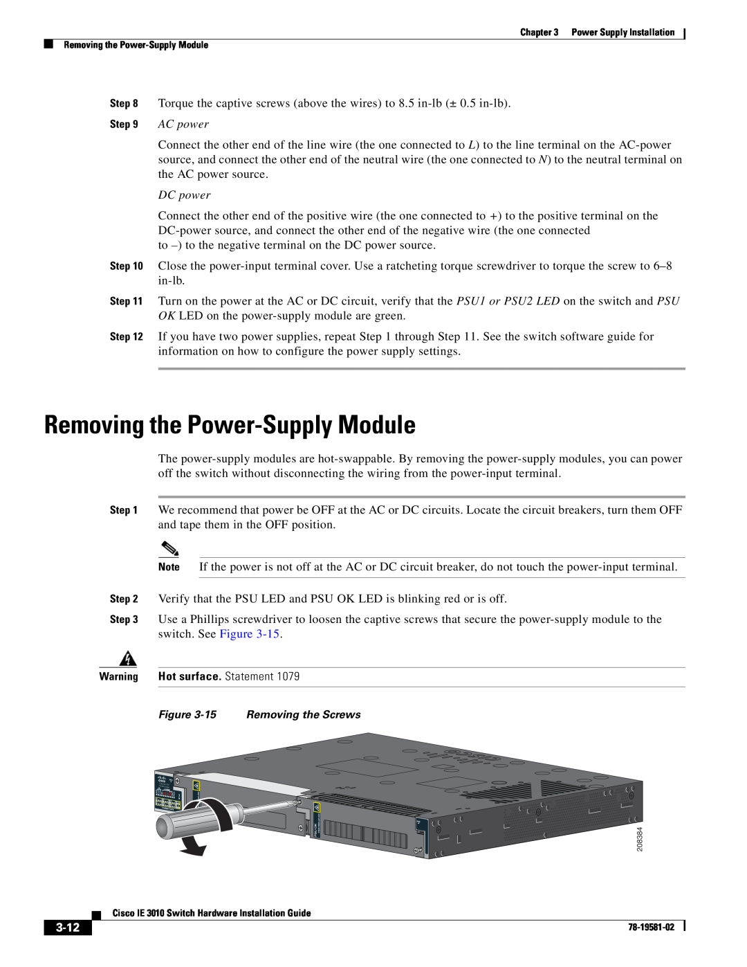 Cisco Systems IE301024TC Removing the Power-Supply Module, AC power, DC power, Warning Hot surface. Statement, 3-12 