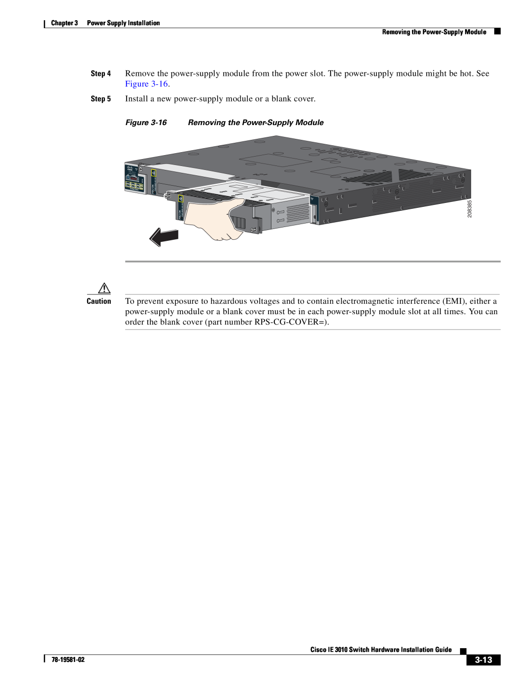 Cisco Systems IE301024TC manual 3-13, Install a new power-supply module or a blank cover 