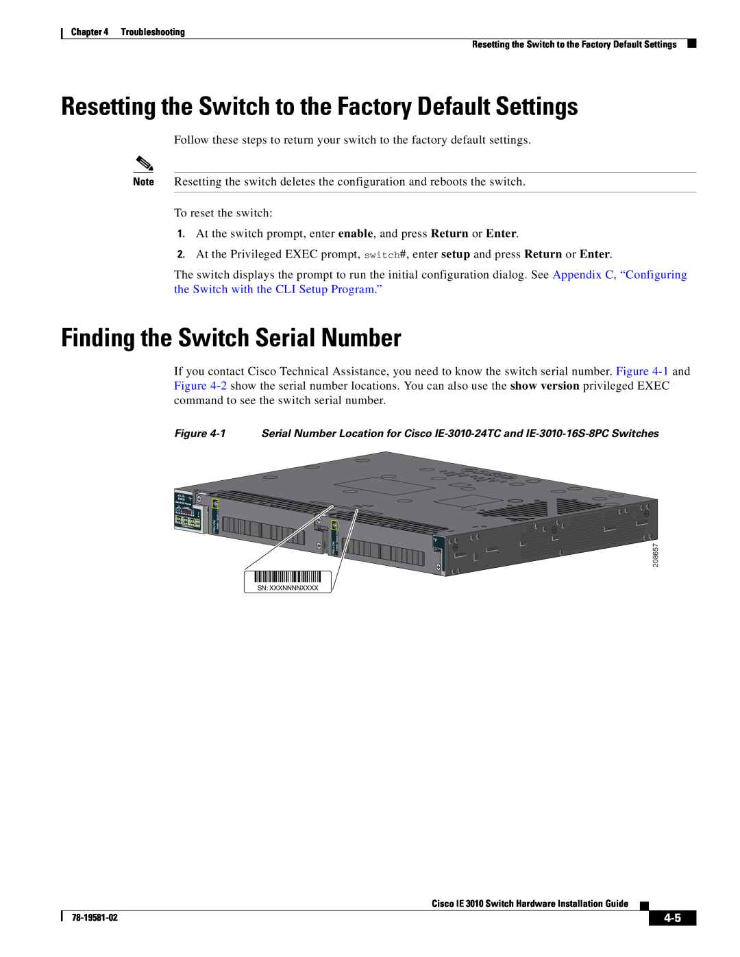 Cisco Systems IE301024TC manual Resetting the Switch to the Factory Default Settings, Finding the Switch Serial Number 