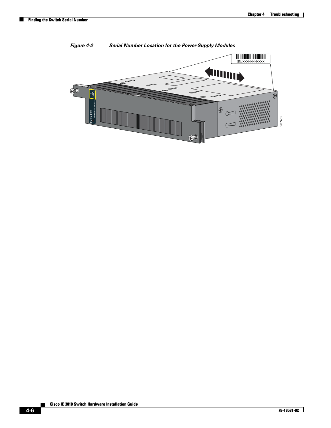 Cisco Systems IE3010 manual 2 Serial Number Location for the Power-Supply Modules, 78-19581-02, 207452, Sn Xxxnnnnxxxx 