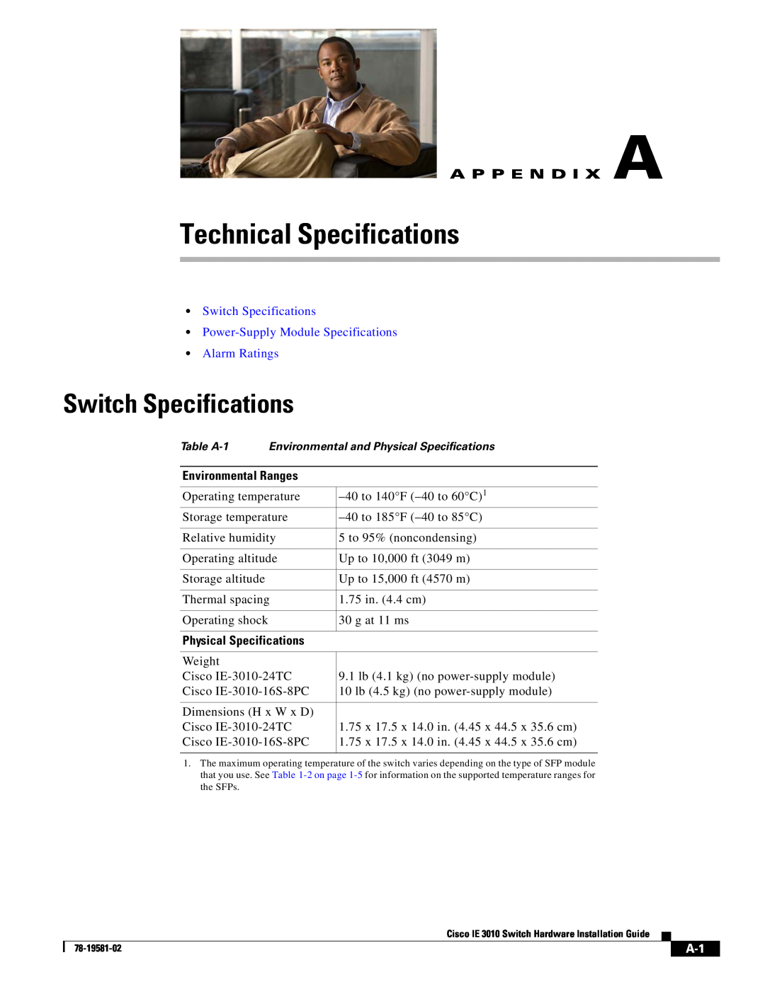 Cisco Systems IE301024TC manual Technical Specifications, Switch Specifications, A P P E N D I X A, Alarm Ratings 