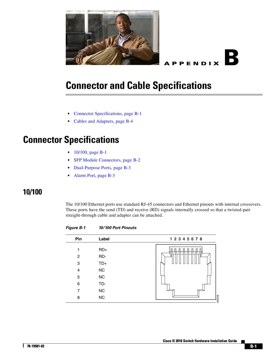 Cisco Systems IE301024TC manual Connector and Cable Specifications, Connector Specifications, 10/100, A P P E N D I X B 