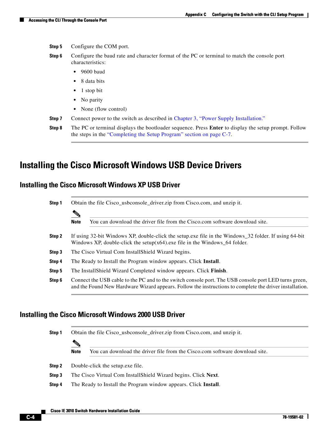 Cisco Systems IE301024TC manual Installing the Cisco Microsoft Windows USB Device Drivers 