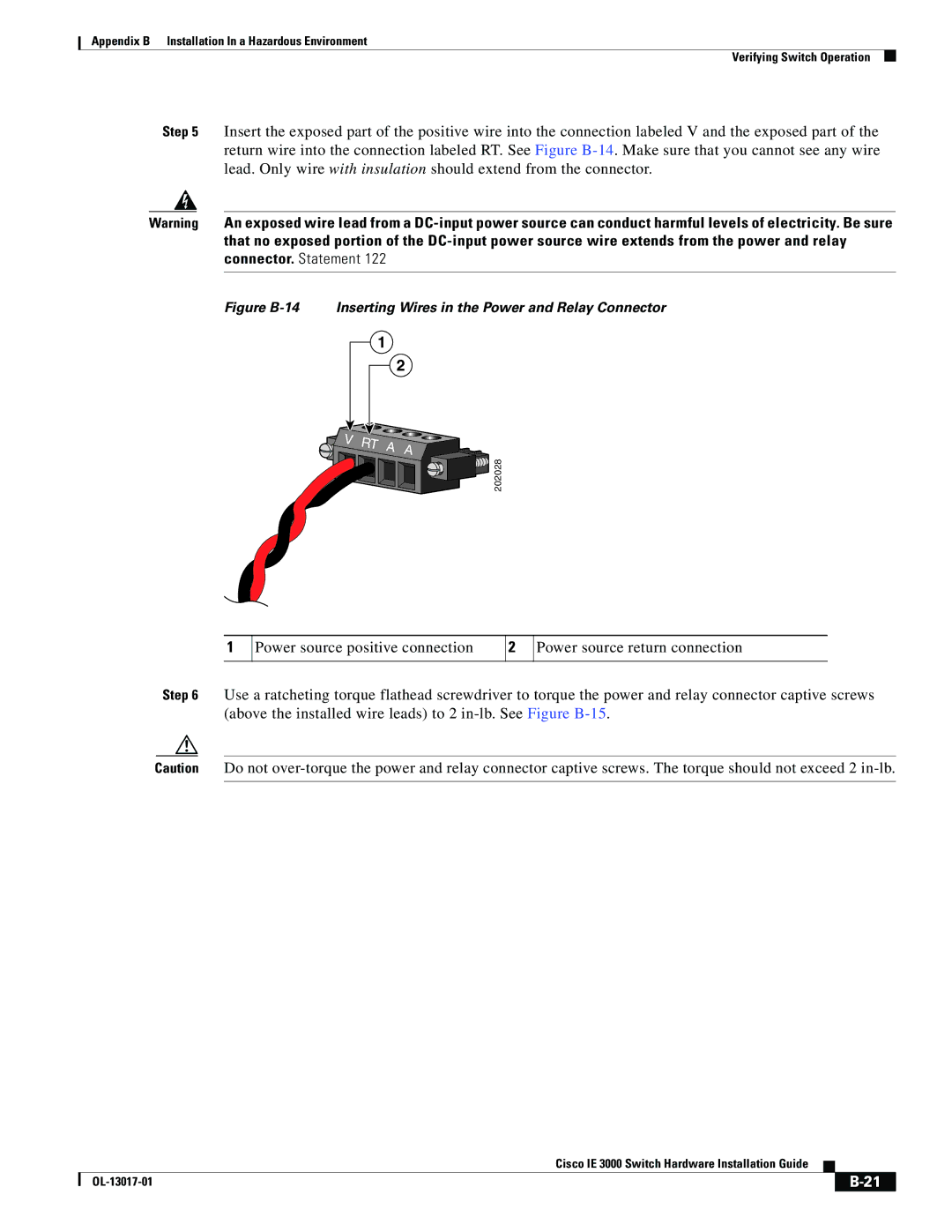 Cisco Systems IE 3000 Series, IEM30004PC manual Figure B-14 Inserting Wires in the Power and Relay Connector 