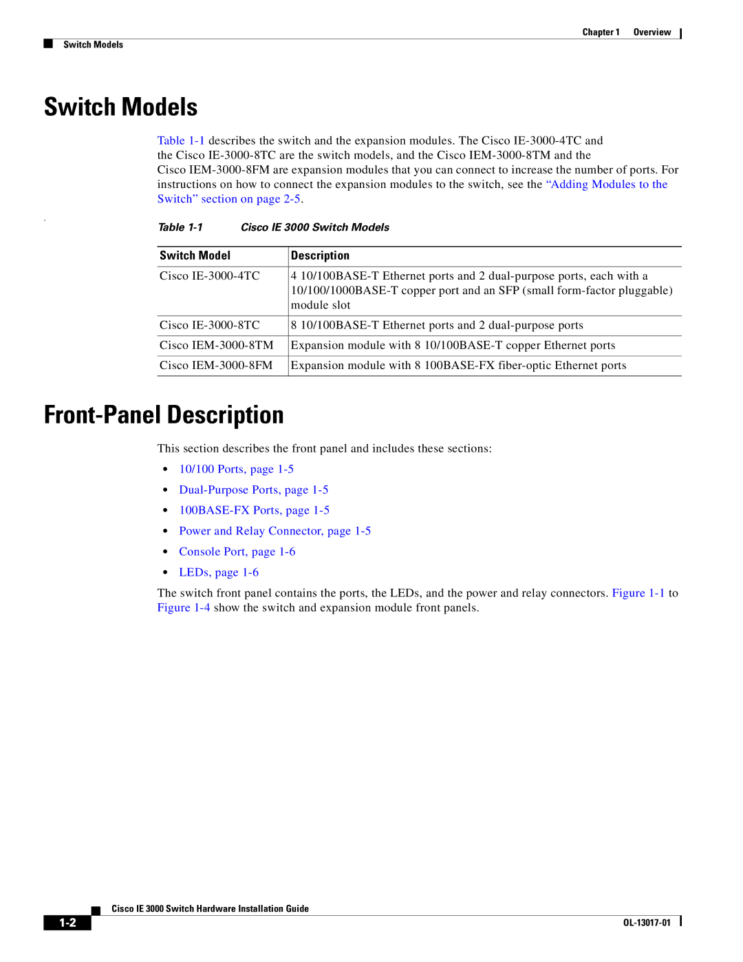 Cisco Systems IEM30004PC, IE 3000 Series manual Switch Models, Front-Panel Description 