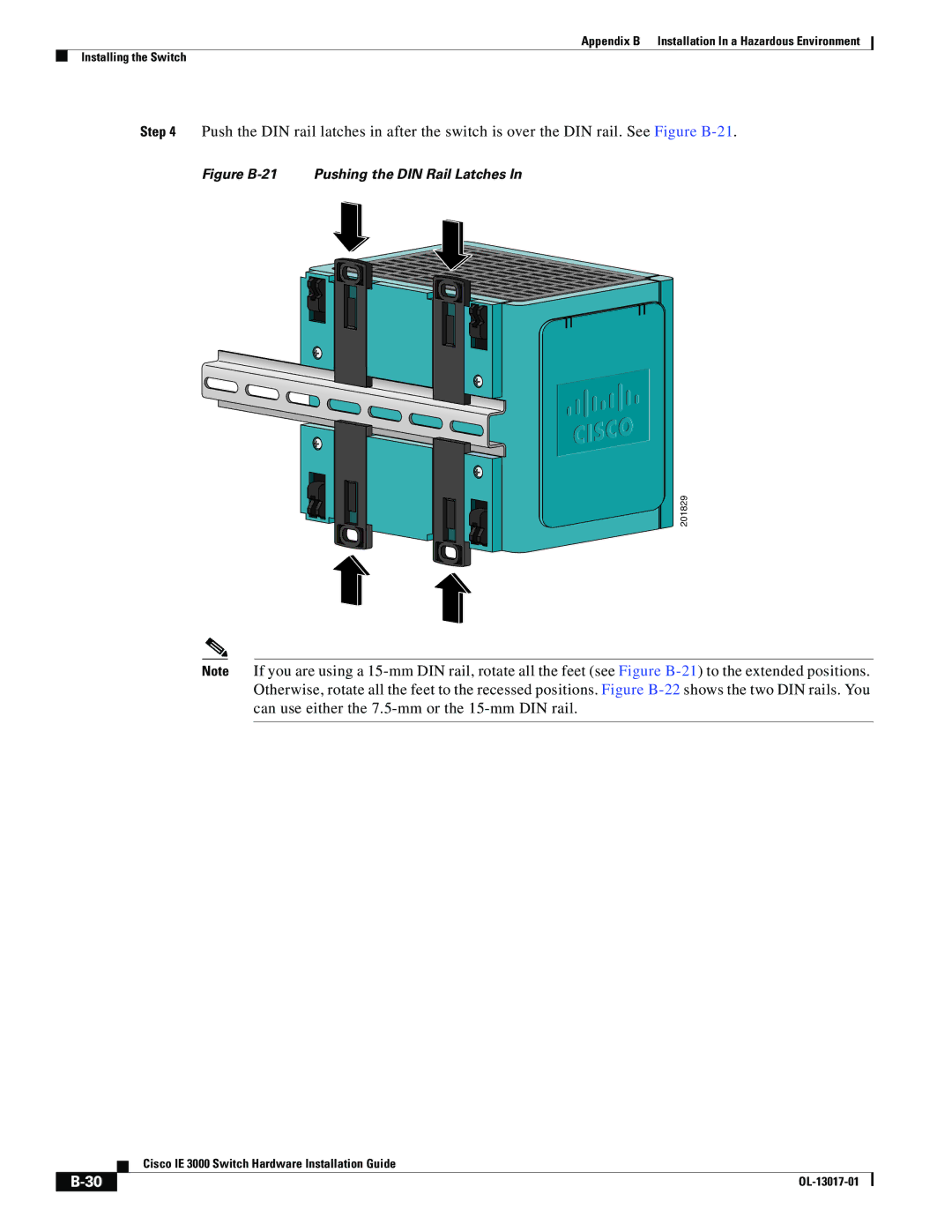 Cisco Systems IEM30004PC, IE 3000 Series manual Figure B-21 Pushing the DIN Rail Latches 