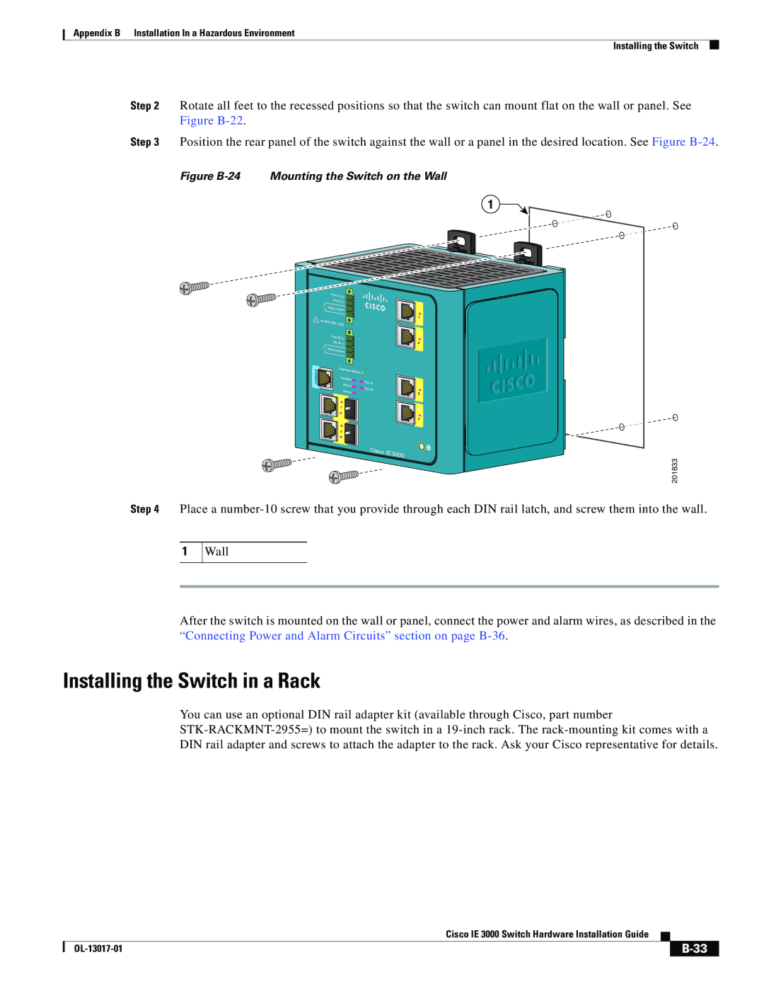 Cisco Systems IE 3000 Series, IEM30004PC manual Figure B-24 Mounting the Switch on the Wall 