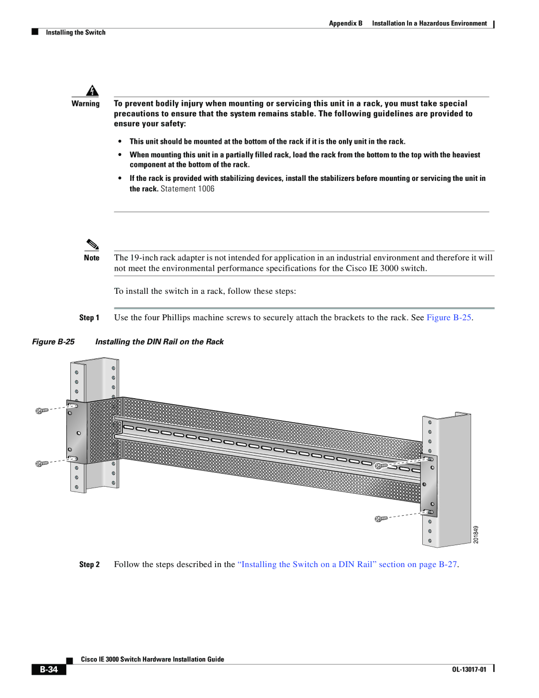 Cisco Systems IEM30004PC, IE 3000 Series manual Figure B-25 Installing the DIN Rail on the Rack 