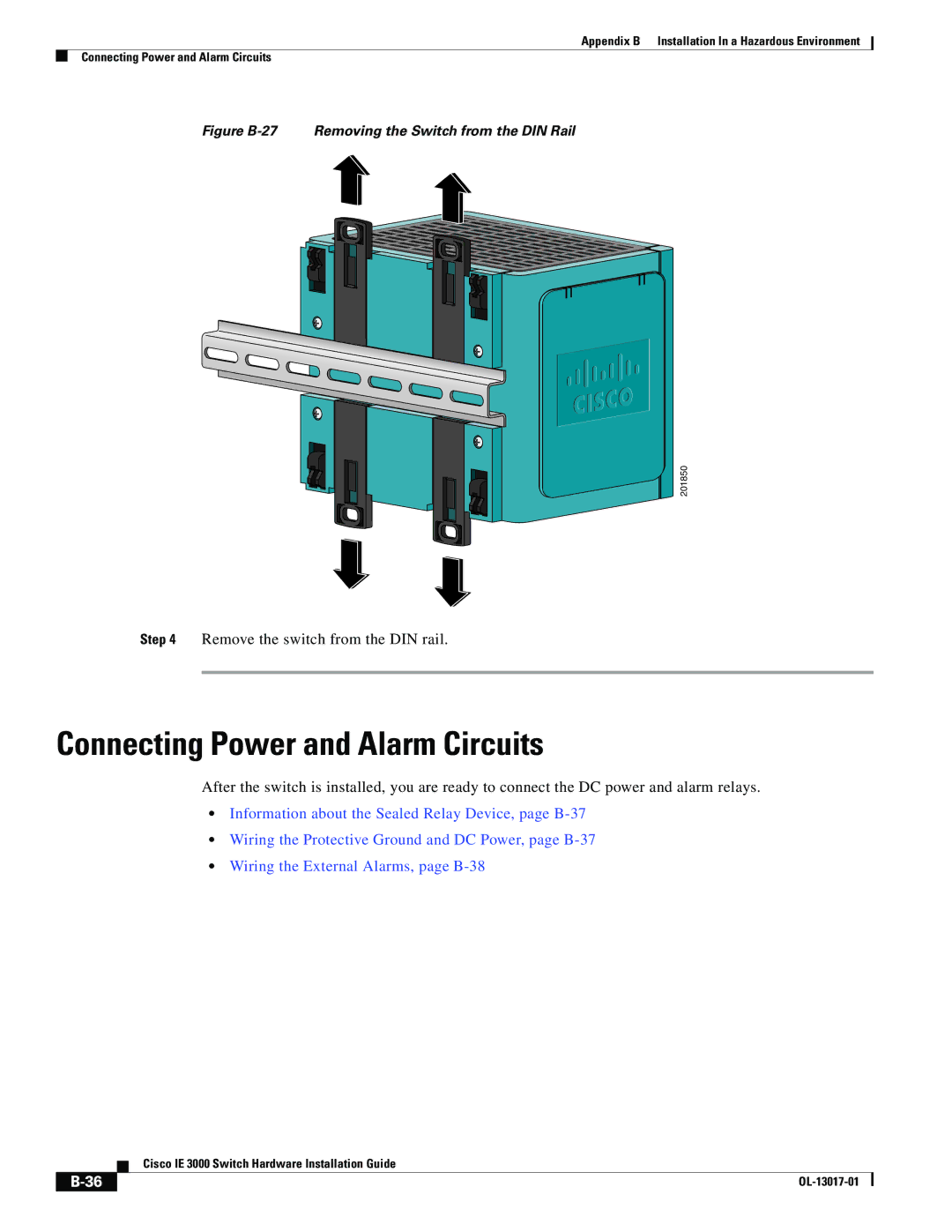 Cisco Systems IEM30004PC, IE 3000 Series manual Figure B-27 Removing the Switch from the DIN Rail 