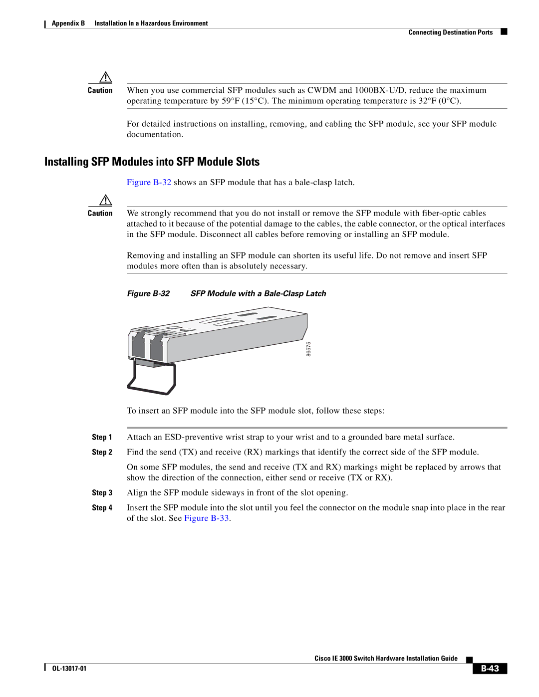 Cisco Systems IE 3000 Series, IEM30004PC manual Figure B-32 SFP Module with a Bale-Clasp Latch 