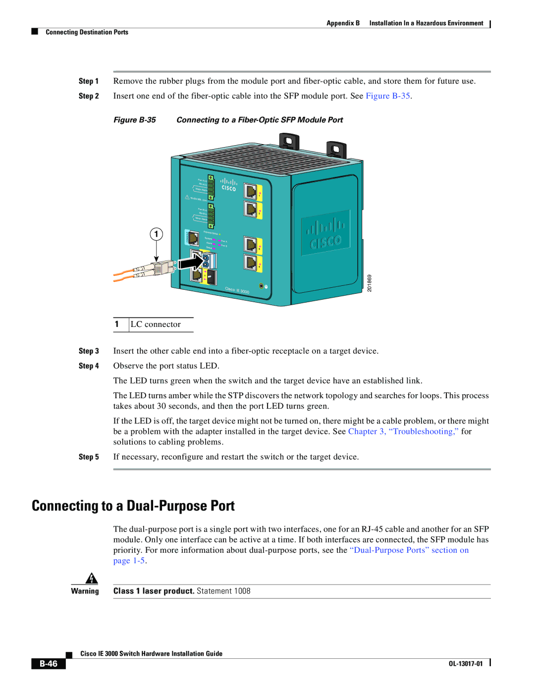 Cisco Systems IEM30004PC, IE 3000 Series manual Figure B-35 Connecting to a Fiber-Optic SFP Module Port 