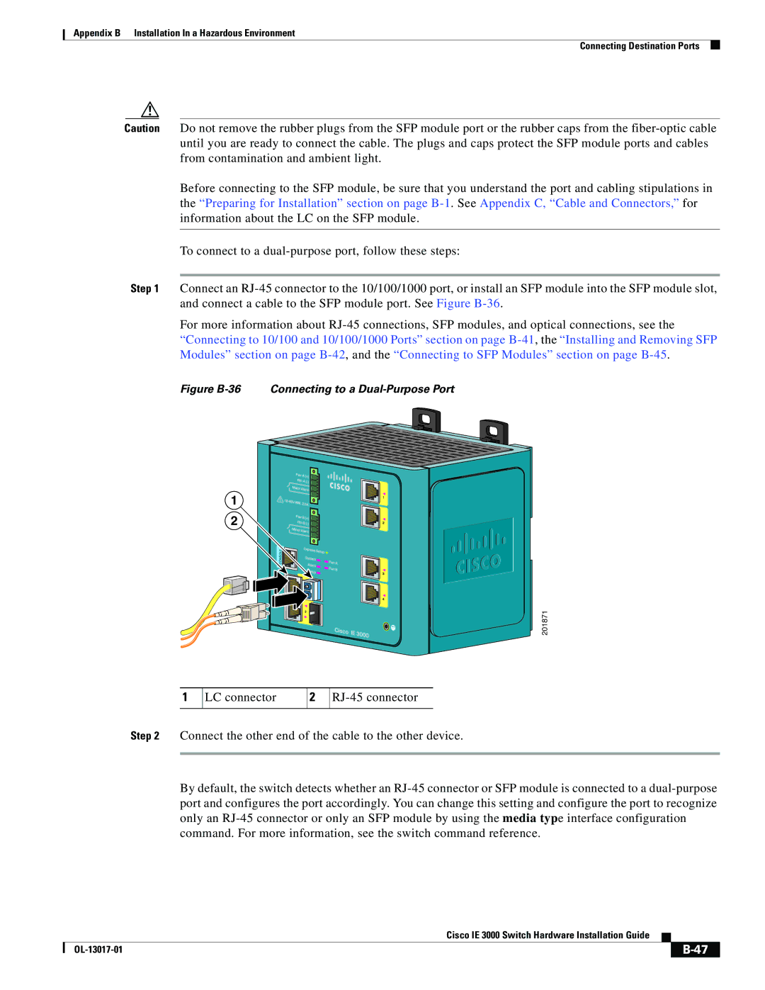 Cisco Systems IE 3000 Series, IEM30004PC manual Figure B-36 Connecting to a Dual-Purpose Port 