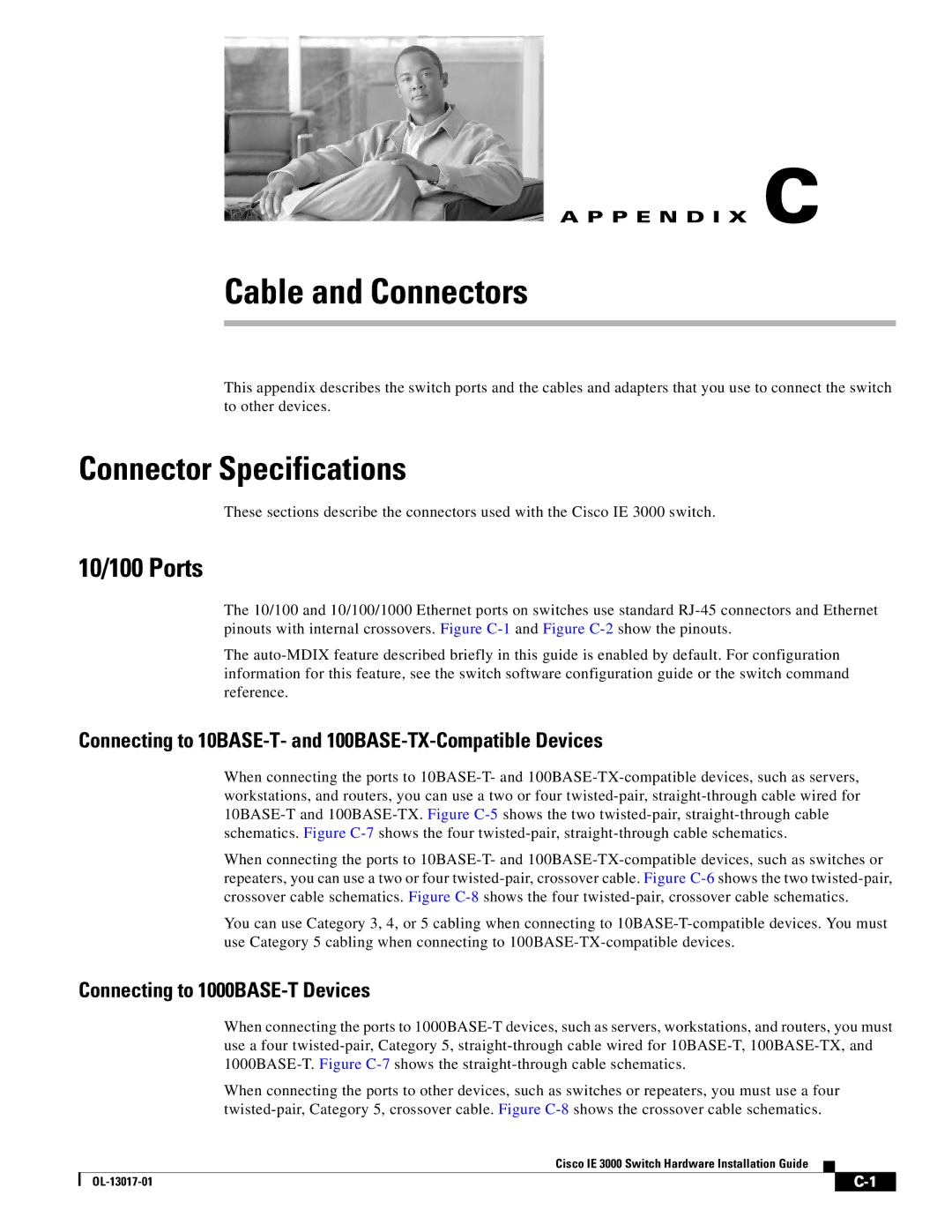Cisco Systems IE 3000 Series manual Connector Specifications, Connecting to 10BASE-T- and 100BASE-TX-Compatible Devices 