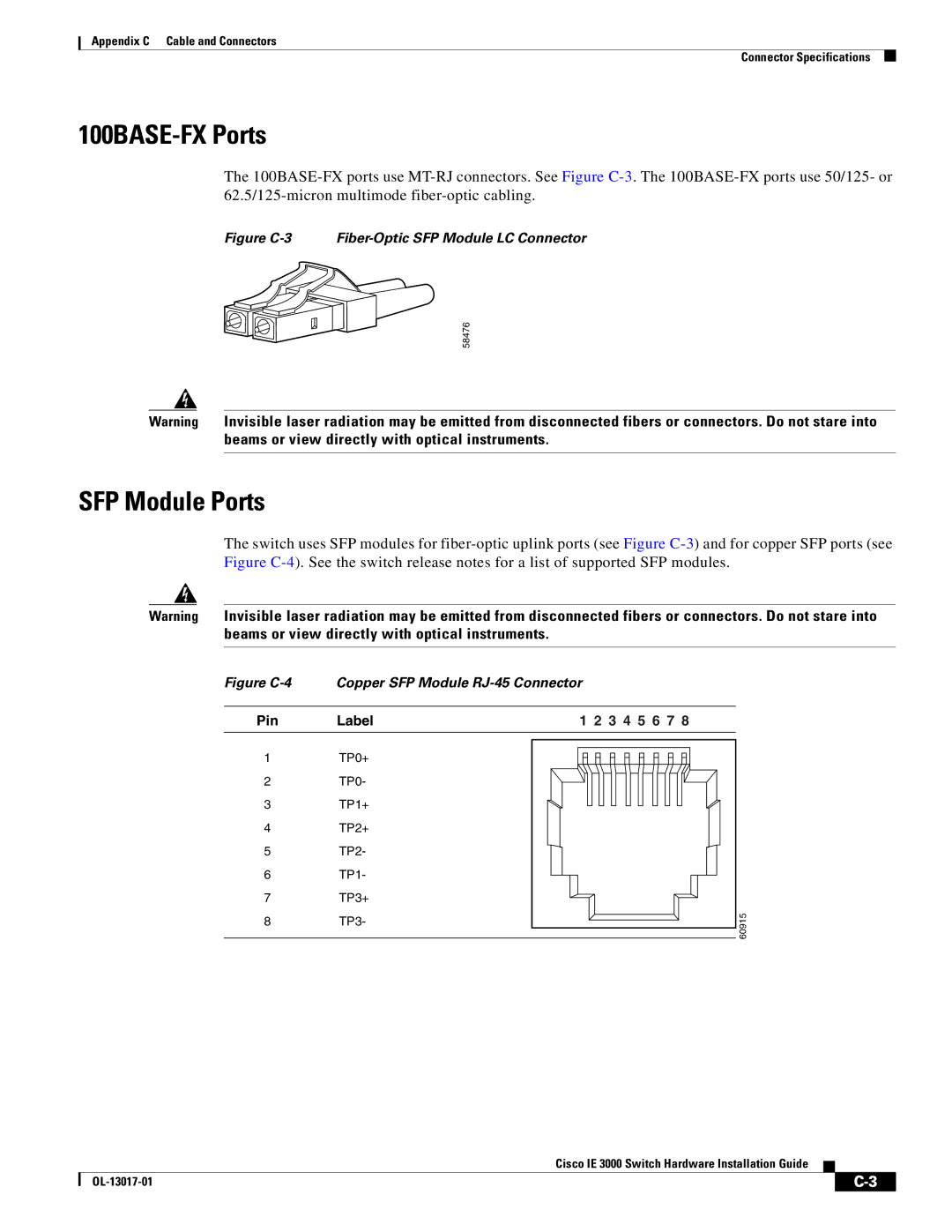 Cisco Systems IE 3000 Series, IEM30004PC manual SFP Module Ports, Copper SFP Module RJ-45 Connector 