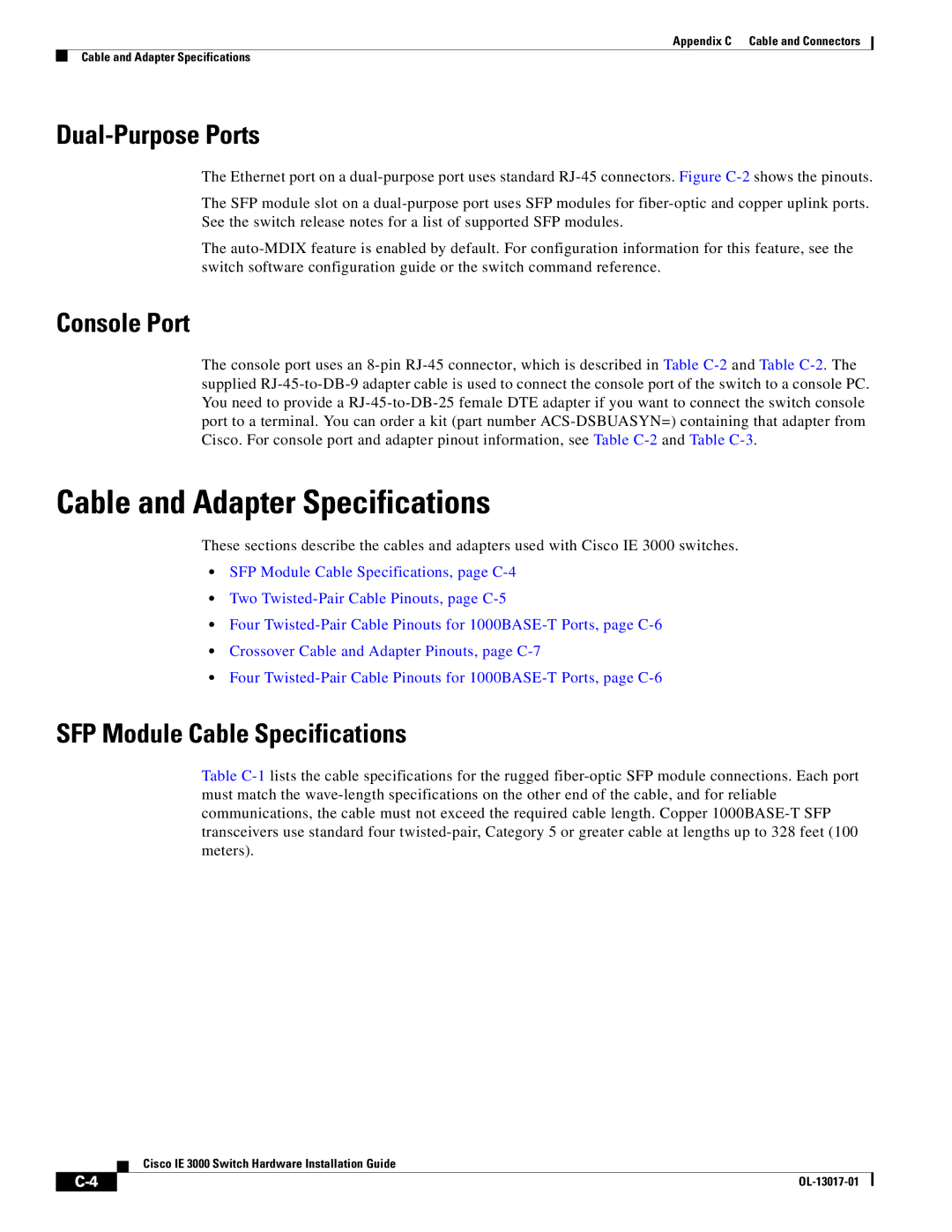 Cisco Systems IEM30004PC, IE 3000 Series manual Cable and Adapter Specifications, SFP Module Cable Specifications 