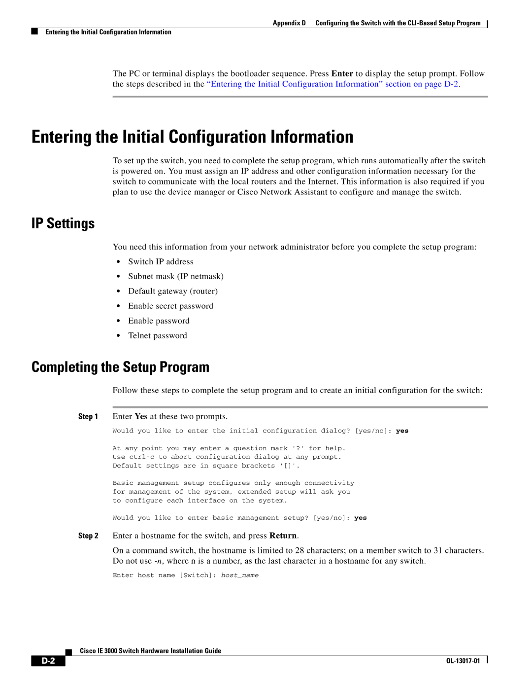 Cisco Systems IEM30004PC manual Entering the Initial Configuration Information, IP Settings, Completing the Setup Program 