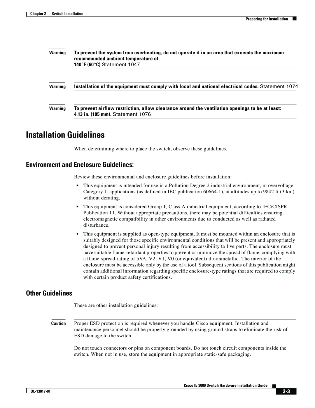 Cisco Systems IE 3000 Series, IEM30004PC Installation Guidelines, Environment and Enclosure Guidelines, Other Guidelines 