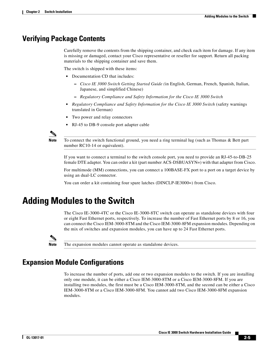 Cisco Systems IE 3000 Series Adding Modules to the Switch, Verifying Package Contents, Expansion Module Configurations 