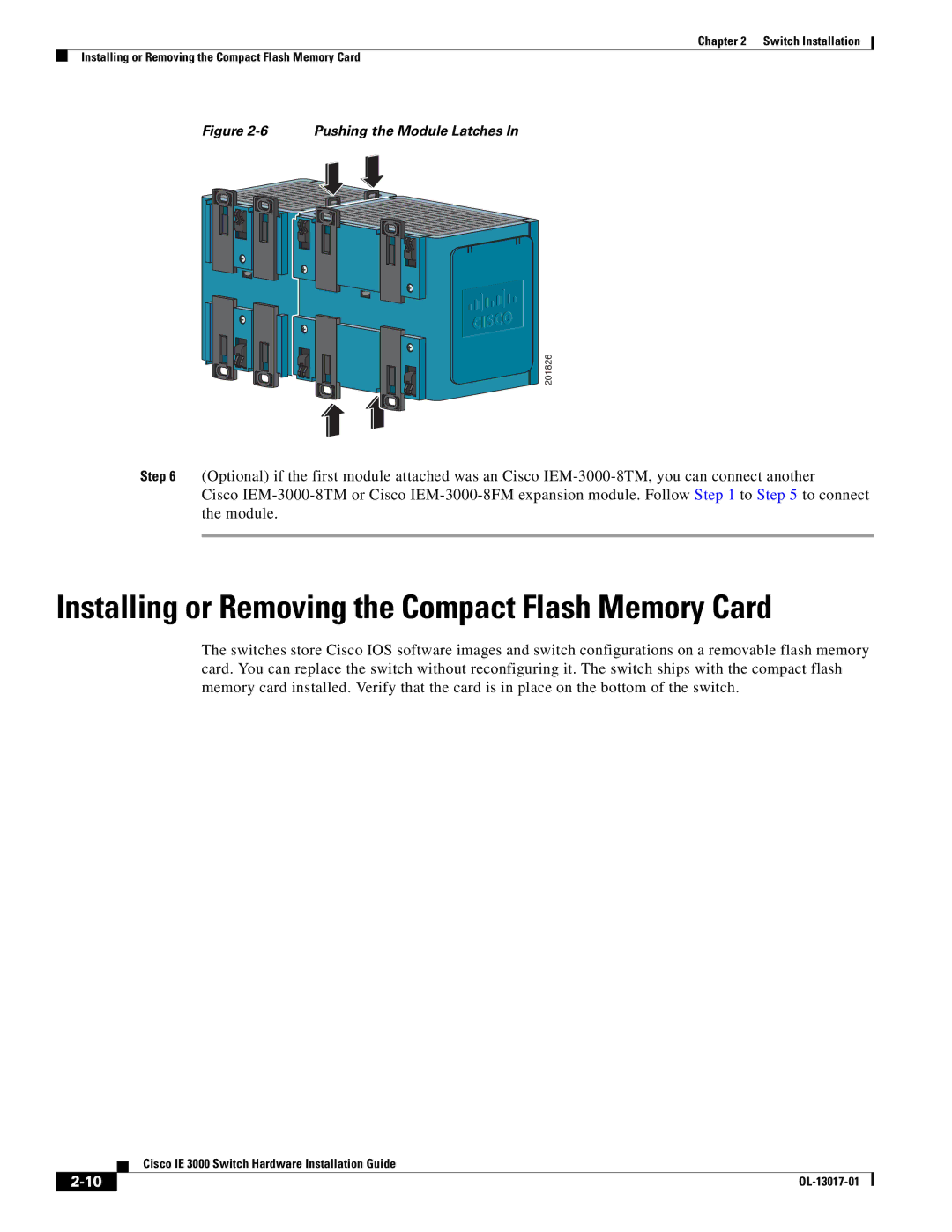 Cisco Systems IEM30004PC, IE 3000 Series Installing or Removing the Compact Flash Memory Card, Pushing the Module Latches 