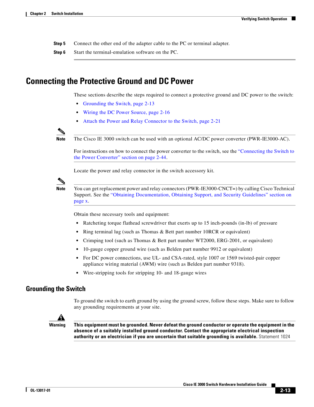 Cisco Systems IE 3000 Series, IEM30004PC manual Connecting the Protective Ground and DC Power, Grounding the Switch 