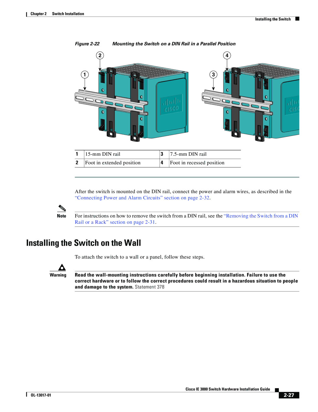 Cisco Systems IE 3000 Series Installing the Switch on the Wall, Mounting the Switch on a DIN Rail in a Parallel Position 