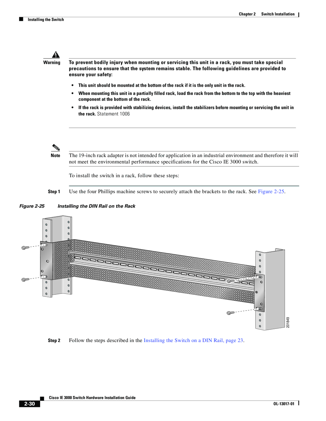 Cisco Systems IEM30004PC, IE 3000 Series manual Installing the DIN Rail on the Rack 