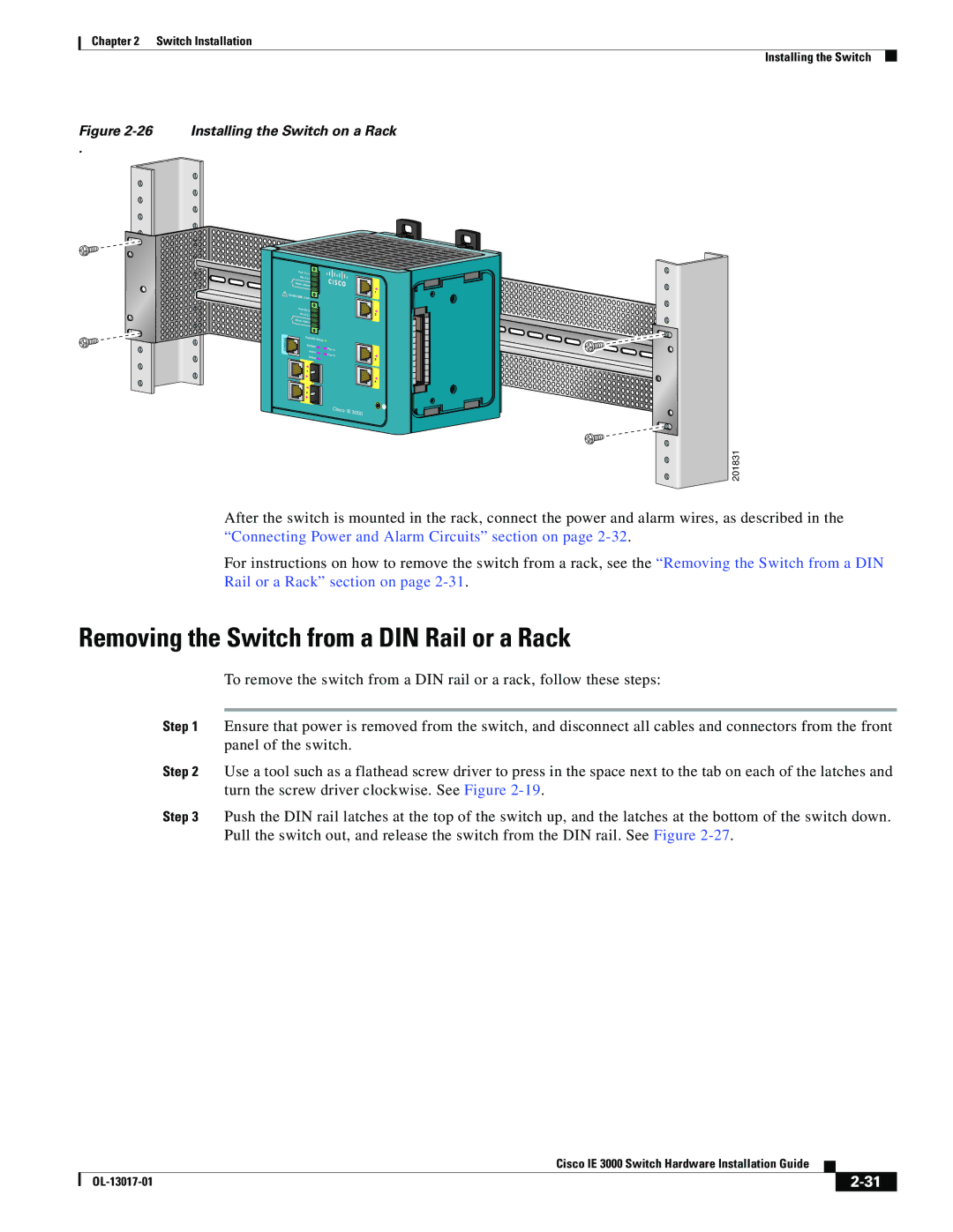 Cisco Systems IE 3000 Series, IEM30004PC Removing the Switch from a DIN Rail or a Rack, Installing the Switch on a Rack 