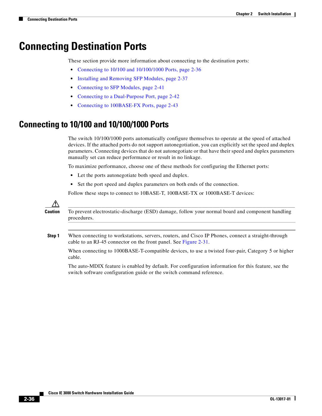 Cisco Systems IEM30004PC, IE 3000 Series manual Connecting Destination Ports, Connecting to 10/100 and 10/100/1000 Ports 