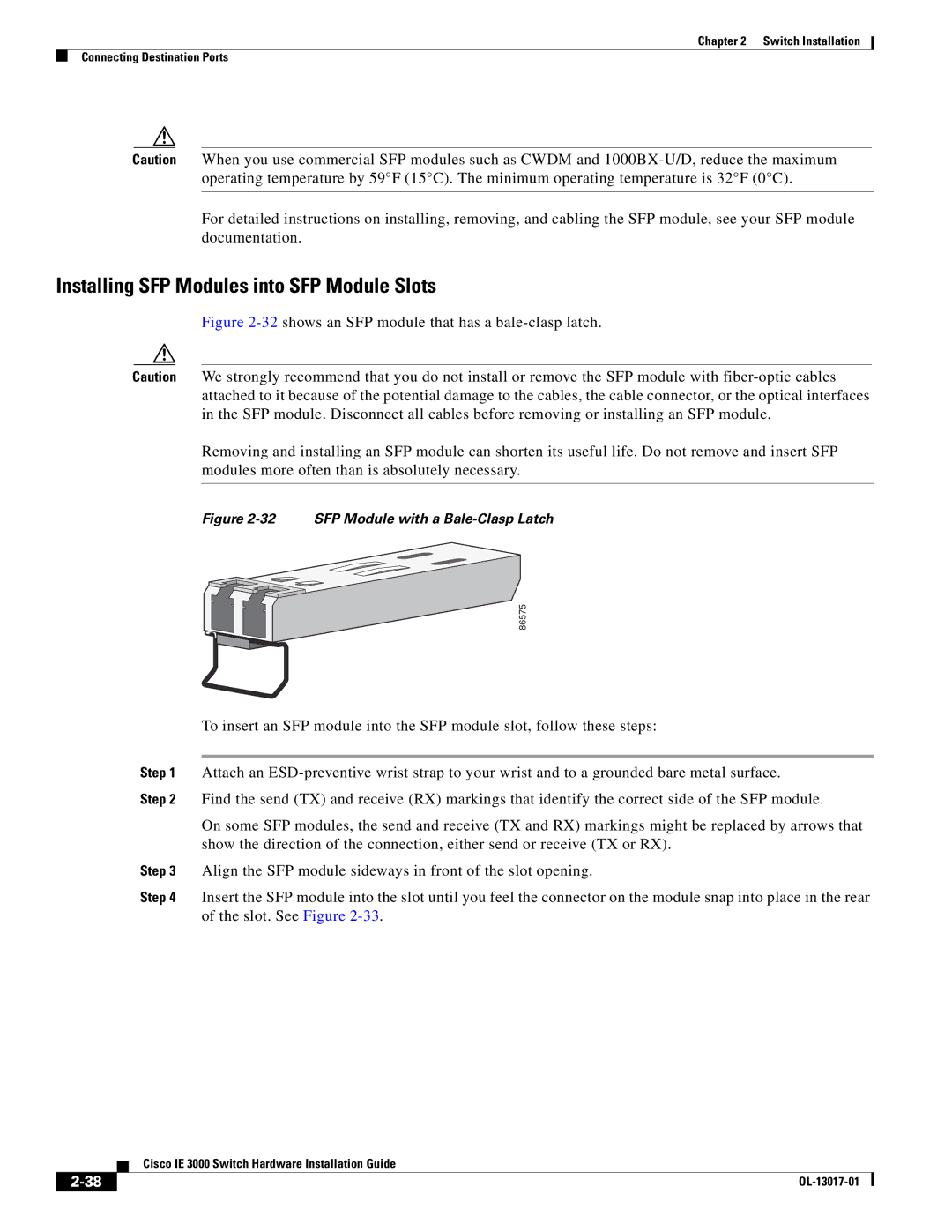 Cisco Systems IEM30004PC, IE 3000 Series Installing SFP Modules into SFP Module Slots, SFP Module with a Bale-Clasp Latch 