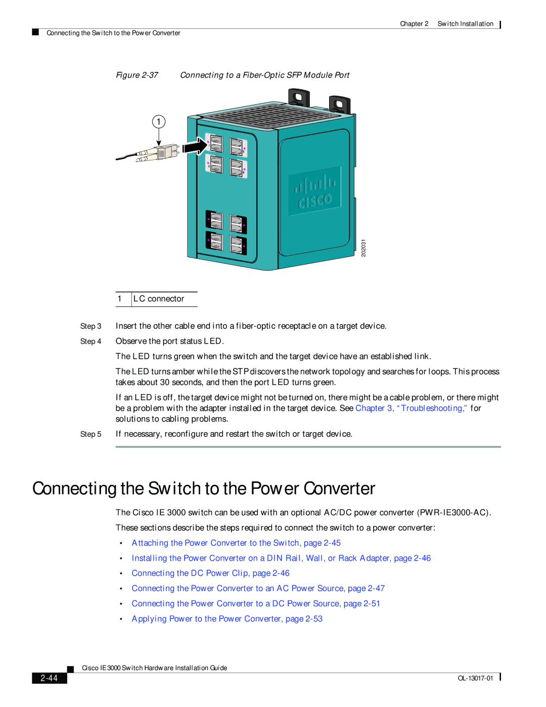 Cisco Systems IEM30004PC manual Connecting the Switch to the Power Converter, Connecting to a Fiber-Optic SFP Module Port 