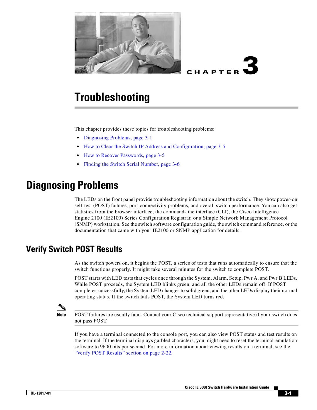 Cisco Systems IE 3000 Series, IEM30004PC manual Diagnosing Problems, Verify Switch Post Results 