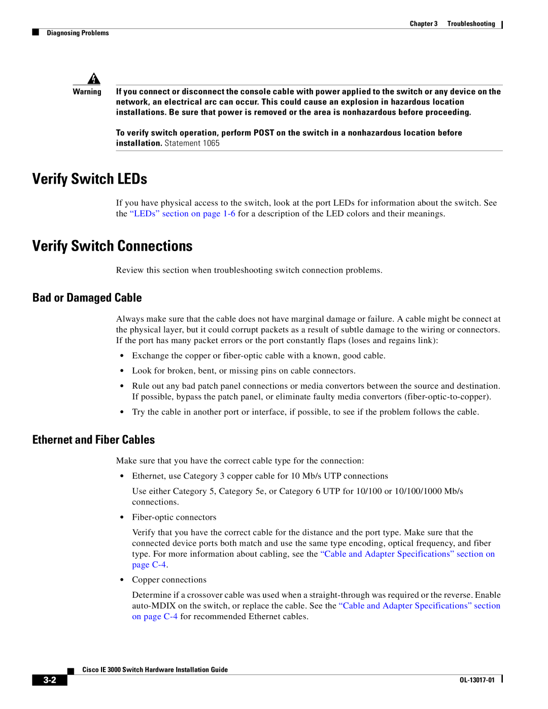 Cisco Systems IEM30004PC Verify Switch LEDs, Verify Switch Connections, Bad or Damaged Cable, Ethernet and Fiber Cables 