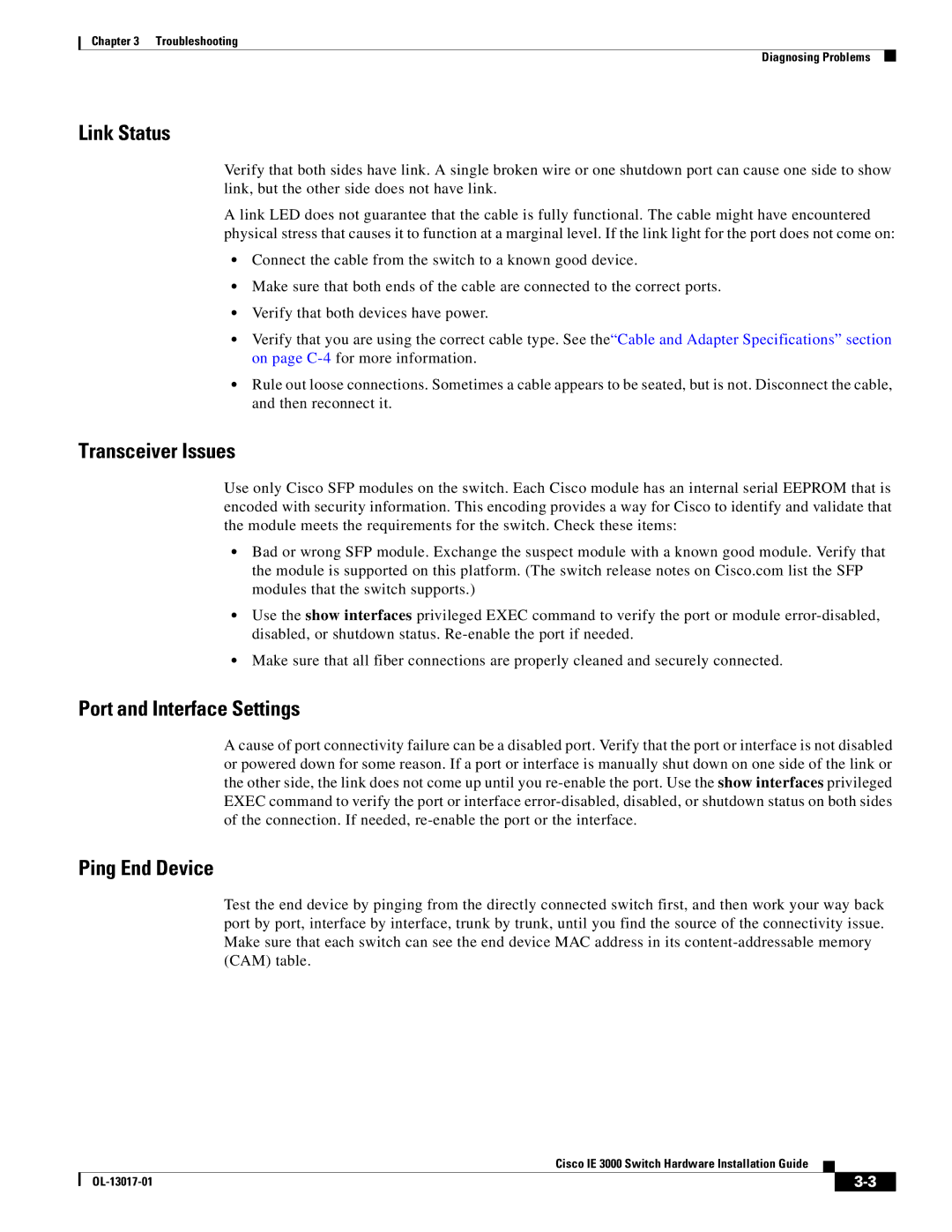 Cisco Systems IE 3000 Series, IEM30004PC Link Status, Transceiver Issues, Port and Interface Settings, Ping End Device 