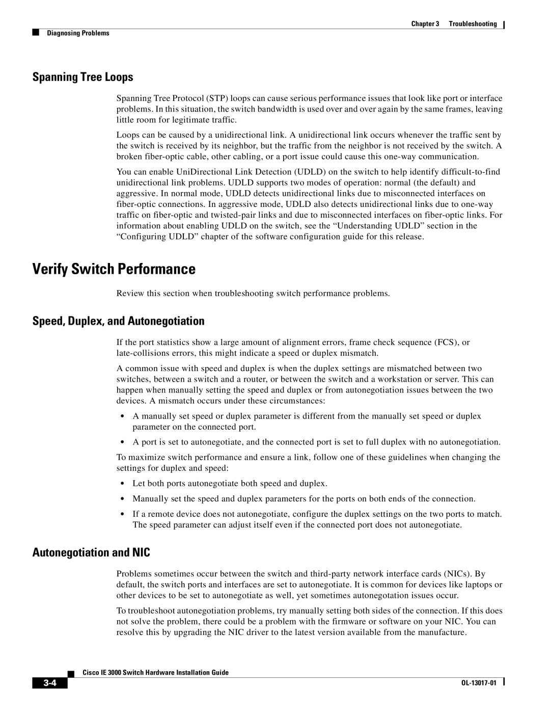 Cisco Systems IEM30004PC manual Verify Switch Performance, Spanning Tree Loops, Speed, Duplex, and Autonegotiation 