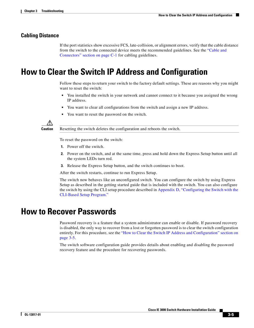 Cisco Systems IE 3000 Series, IEM30004PC How to Clear the Switch IP Address and Configuration, How to Recover Passwords 