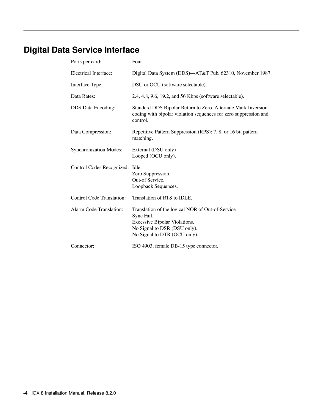 Cisco Systems appendix Digital Data Service Interface, IGX 8 Installation Manual, Release 