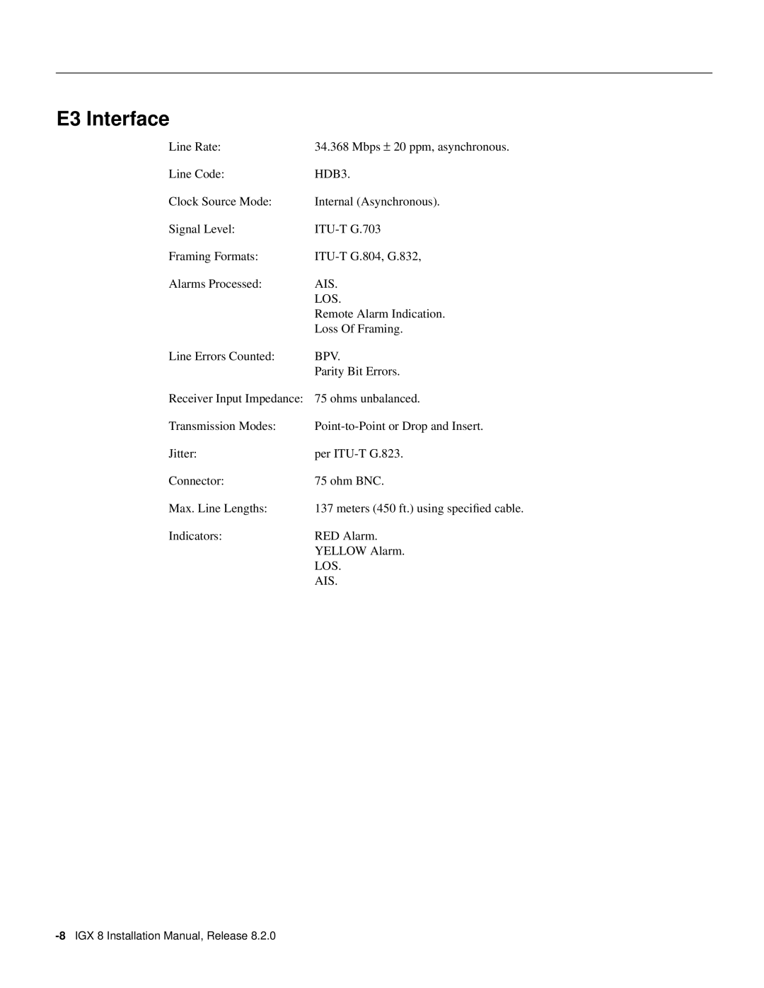Cisco Systems appendix E3 Interface, IGX 8 Installation Manual, Release 