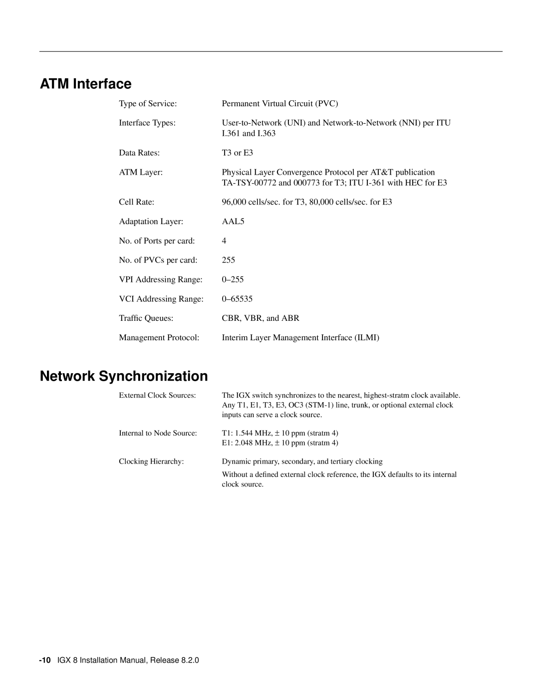 Cisco Systems IGX 8 appendix ATM Interface, Network Synchronization 