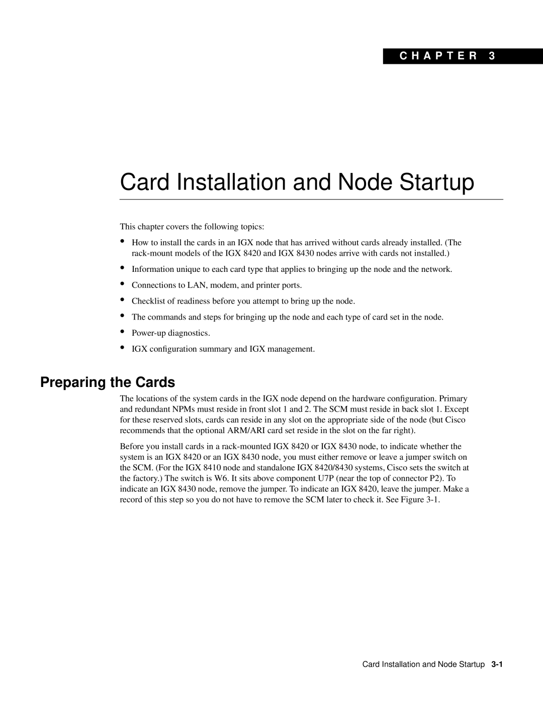 Cisco Systems IGX 8400 Series manual Preparing the Cards, Card Installation and Node Startup, C H A P T E R 