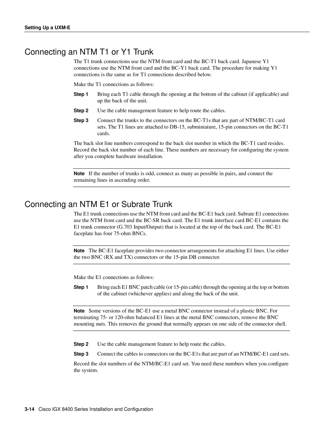 Cisco Systems IGX 8400 Series manual Connecting an NTM T1 or Y1 Trunk, Connecting an NTM E1 or Subrate Trunk 