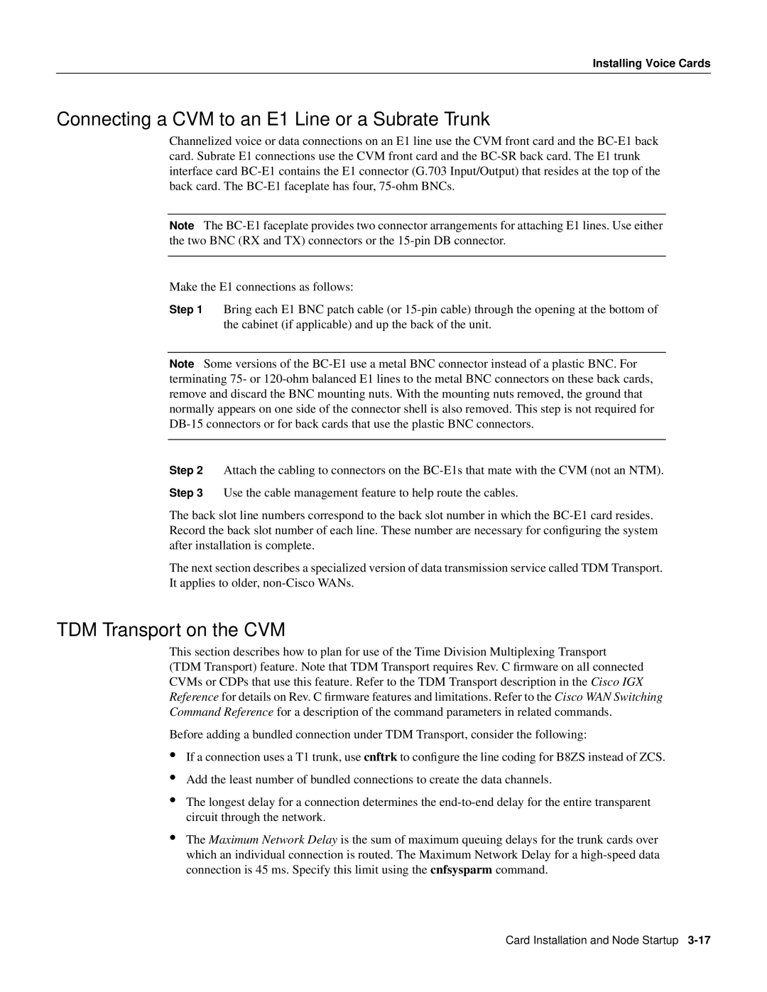 Cisco Systems IGX 8400 Series manual Connecting a CVM to an E1 Line or a Subrate Trunk, TDM Transport on the CVM 