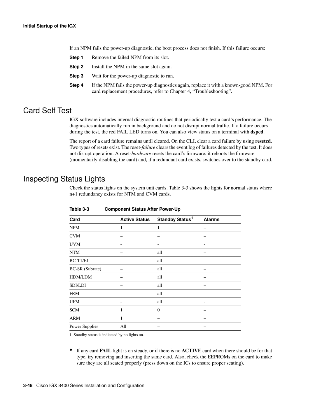 Cisco Systems IGX 8400 Series manual Card Self Test, Inspecting Status Lights 