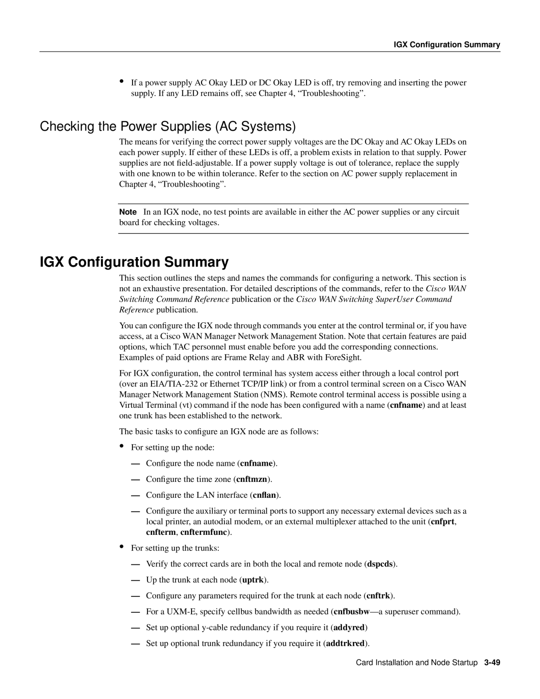 Cisco Systems IGX 8400 Series manual IGX Conﬁguration Summary, Checking the Power Supplies AC Systems 