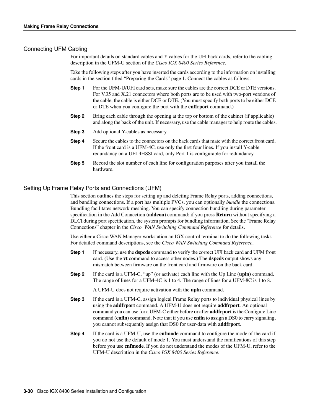 Cisco Systems IGX 8400 Series manual Connecting UFM Cabling, Setting Up Frame Relay Ports and Connections UFM 